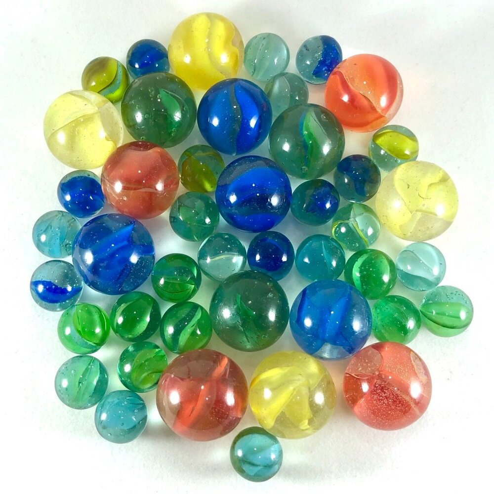 lot of 44 marbles glass cat eye including 15 shooters colorful retro game toy